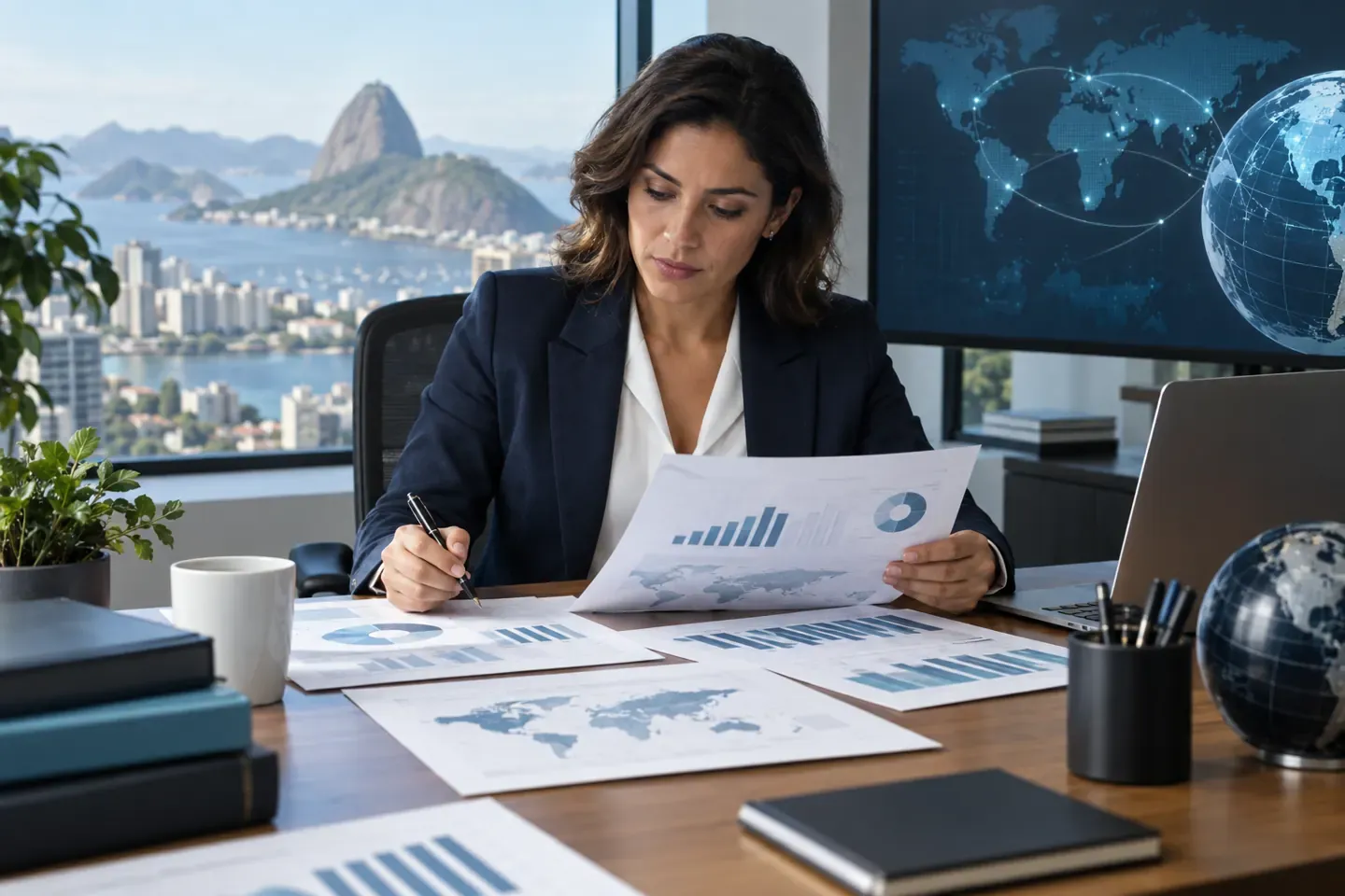 Contadora examina relatório financeiro com mapa-múndi e globo no escritório.