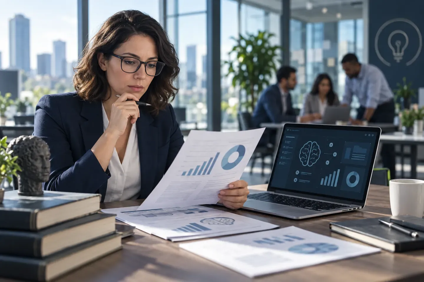 Profissional avalia relatório de ativos intangíveis e indicadores em um computador.