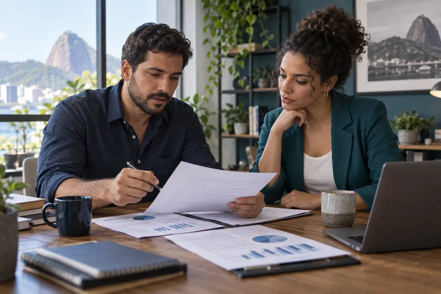 Dois sócios de uma pequena empresa analisam juntos um acordo e documentos financeiros.