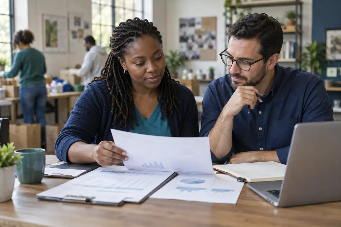 Duas pessoas de uma organização comunitária revisam juntas um relatório financeiro.