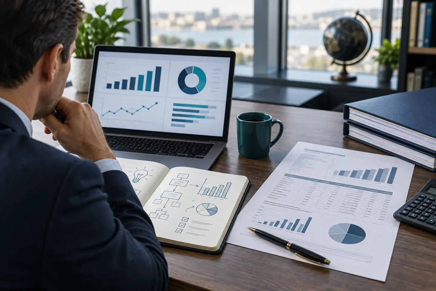 Gestor analisa indicadores e demonstrações financeiras lado a lado.