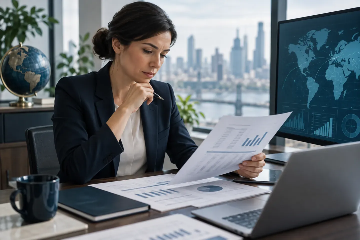 Profissional contábil avalia demonstrações financeiras com mapa global na tela.
