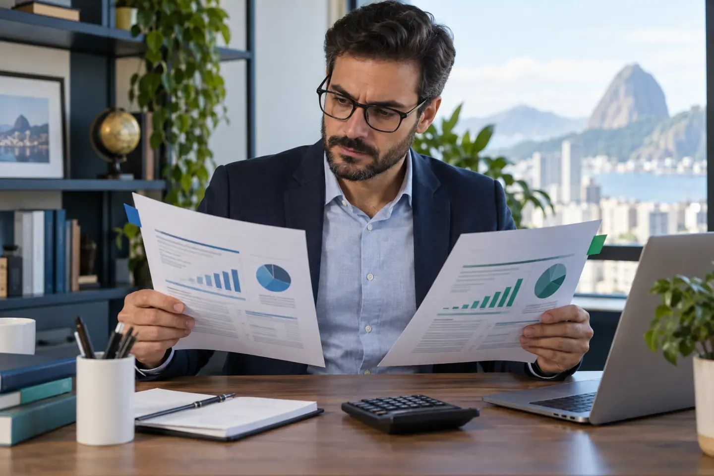 Profissional compara relatórios financeiros para analisar opções tributárias.