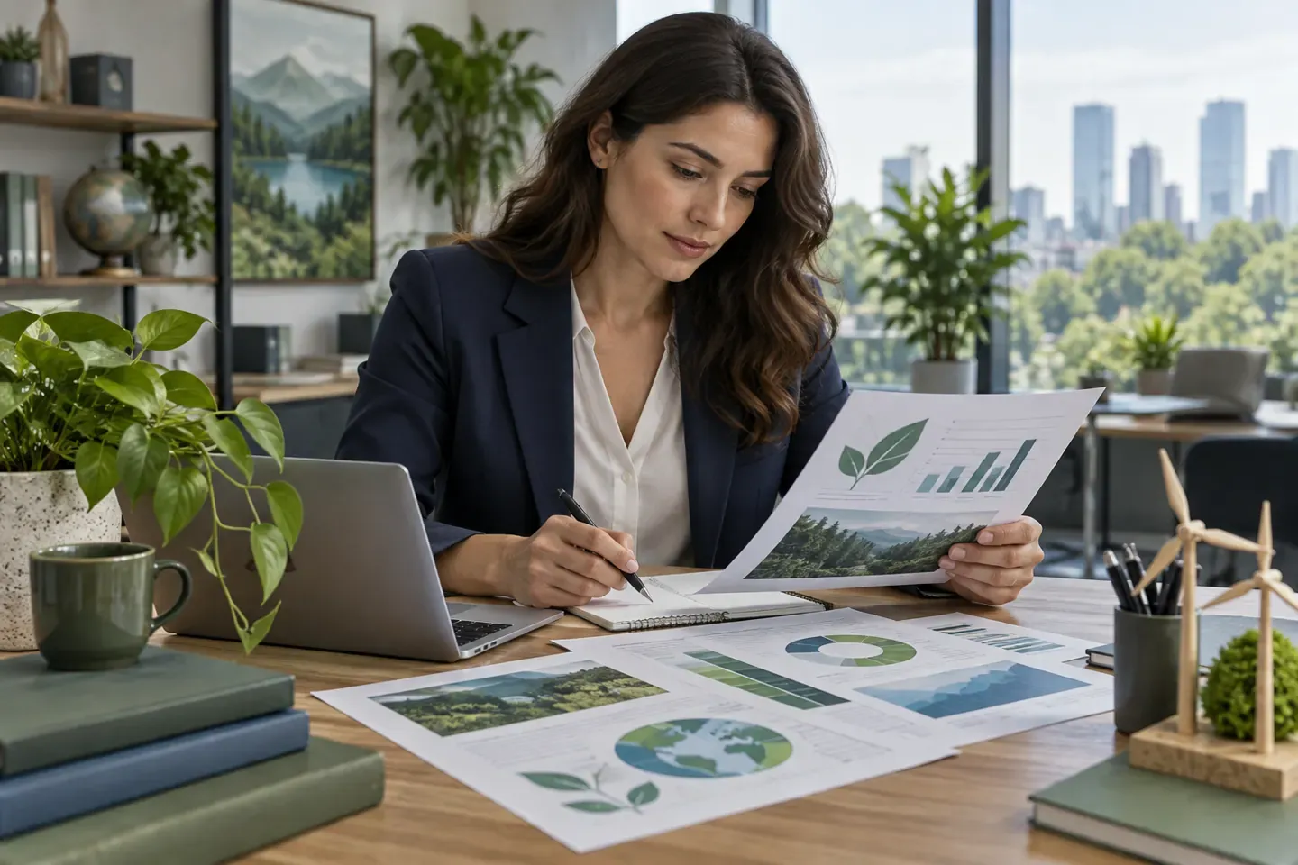 Analista revisa relatório de sustentabilidade junto a gráficos e plantas no escritório.