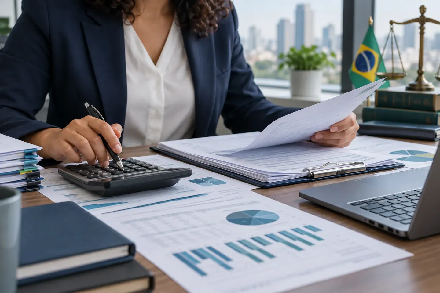 Contador compara documentos fiscais e calculadora para orientar a apuração correta.
